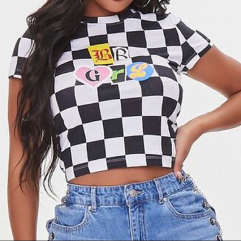 NWT Forever 21 Checkered BB Grl Cropped Tee